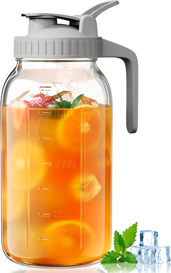 OneDream Glass Pitcher with Lid – 64oz Glass Mason Jar Pitcher with Wide Mouth, Airtight Seal, Leak-Proof, Spout Design – Ideal for Iced Tea, Sun Tea, Cold Beverages, and Home Entertaining