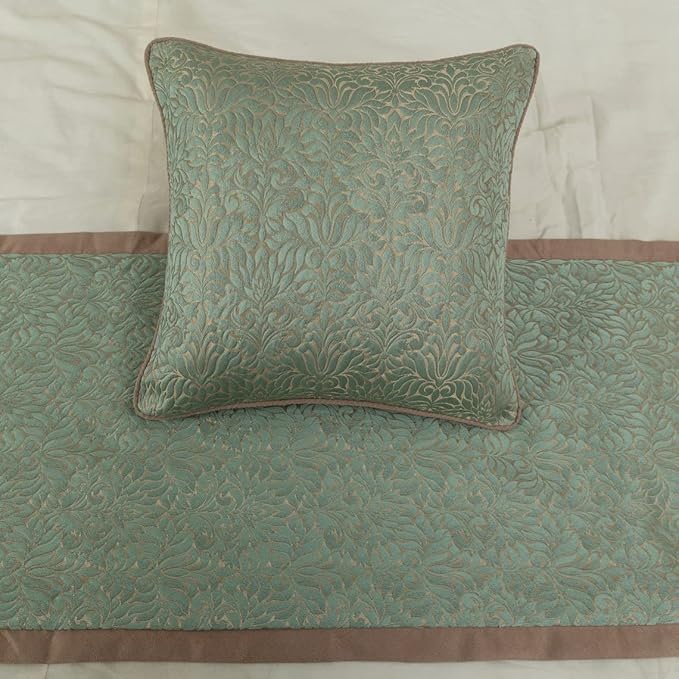 The HomeCentric King/Queen/Twin Blue & Beige Designer Full 68"x18" Bed Runner with Pillow Cover, Damask Bed Scarf on Jacquard Fabric - Arabella