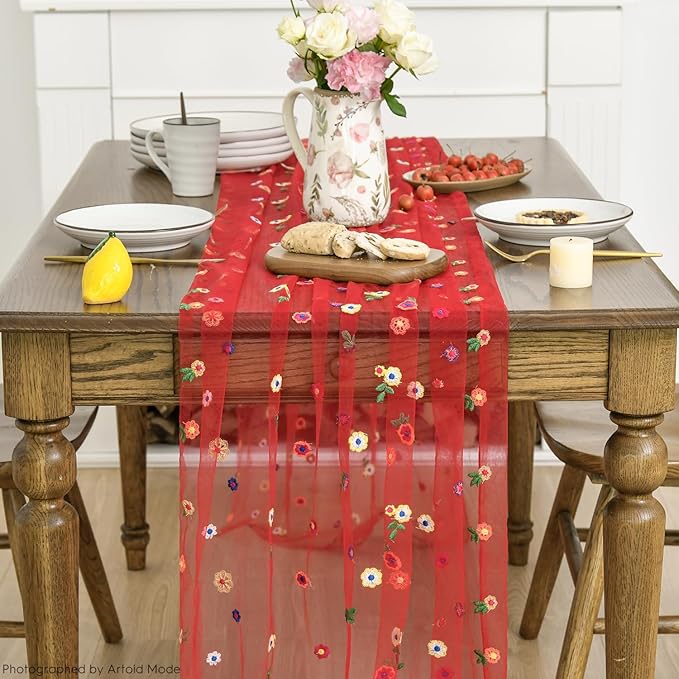 Artoid Mode Red Embroidery Daisy Gauze Table Runner 120 Inch 10FT, Seasonal Sheer Kitchen Dining Holiday Wedding Birthday Table Decor for Home Party