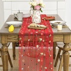 Artoid Mode Red Embroidery Daisy Gauze Table Runner 120 Inch 10FT, Seasonal Sheer Kitchen Dining Holiday Wedding Birthday Table Decor for Home Party
