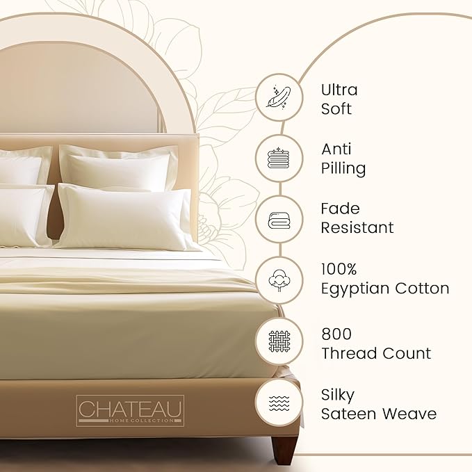 Queen Sheet Set - 800TC Egyptian Cotton Bedding Sheets & Pillowcases - Soft, Durable and Luxurious 4PC Sateen Weave Ivory Bed Sheets for Queen Size Bed, No Pill & Shrink Thick Machine Washable