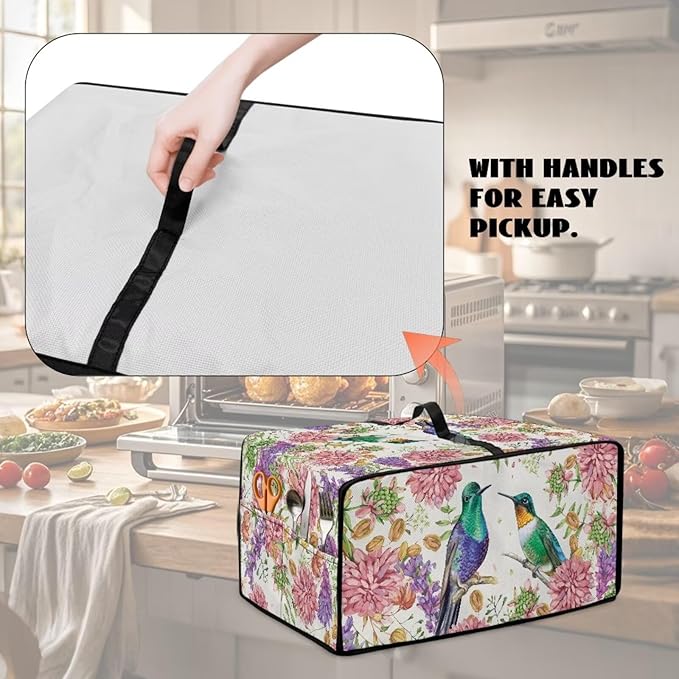 Watercolor Flower Hummingbird Print Microwave Oven Cover Dust-Proof Microwave Toaster Oven Cover Waterproof Foldable Kitchen Appliance Protector Suitable for Most Microwave Ovens, S