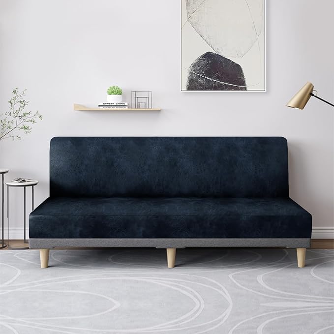 molasofa Leather Like Stretch Futon Slipcover Armless Futon Bed Sofa Cover Furniture Protector with Elastic Bottom, Soft and Washable Futon Cover for Sofa Bed Stay in Place（Larger, Navy Blue）