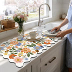 LOKHOM Scalloped Floral Dish Drying Mat, 17"x32" Super Absorbent Coffee Mat with Unique Spring Wildflowers, Cuttable Hide Stain Non-slip Drying Mat for Kitchen Counter Coffee Maker Espresso Machine