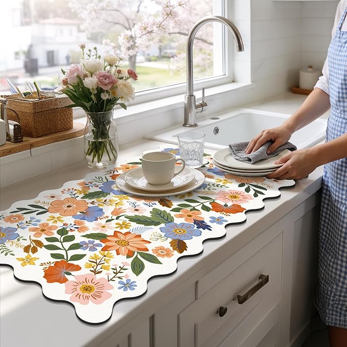 LOKHOM Scalloped Floral Dish Drying Mat, 17"x32" Super Absorbent Coffee Mat with Unique Spring Wildflowers, Cuttable Hide Stain Non-slip Drying Mat for Kitchen Counter Coffee Maker Espresso Machine
