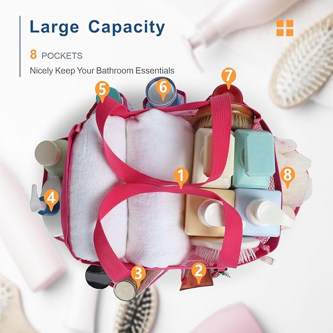 F-color Shower Caddy Portable - Mesh Shower Bag Basket Tote for College Dorm Room Essentials Bathroom Gym Camp Quick Dry for Women Men with S Hook, Pink Flamingo