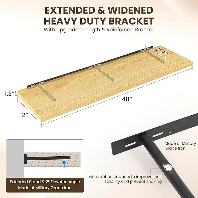 Dreamland 48" Floating Shelves for Wall, 12" Deep Slim Oak Floating Shelves, Wall-Mounted Shelves for Bedroom, Living Room, Kitchen, Bathroom - Set of 2