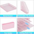 Desk Organizers and Accessories, 5-Tier Paper Letter Tray Organizer with File Holder, Drawer & Pen Holder, Office Desk Accessories, Desktop Organizer for Classroom Office Supplies, Pink
