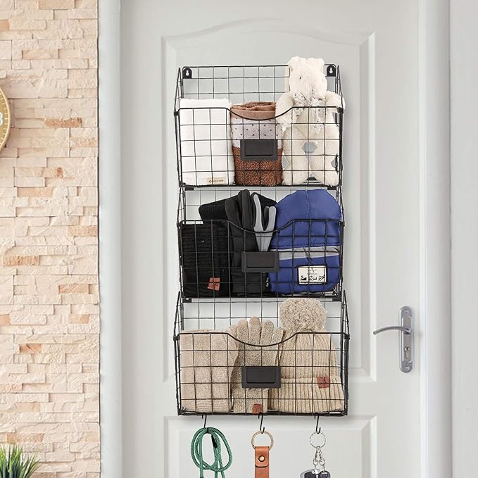X-cosrack 3-Tier Hanging Wall Files Rack with Door Hooks and 6pcs S Shape Hooks, Over the Door File Organizer &Mounts on Wall Metal Folder, with Tag Slot Great for Office Home and Work- Black