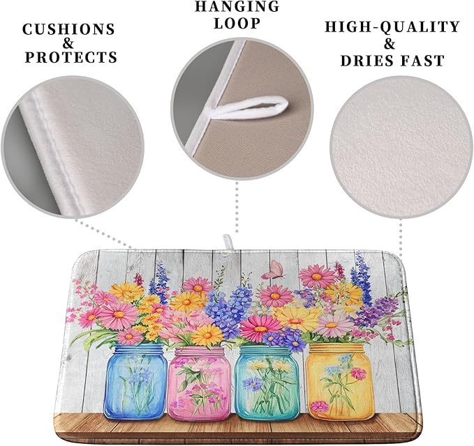 Daisy Dish Drying Mat for Kitchen Counter Spring Summer Flowers Vases Dishes Pad Microfiber Absorbent Dish Draining Mats Rustic Farmhouse Floral Wooden Board Dish Drainer Rack Mat 16x18 Inch