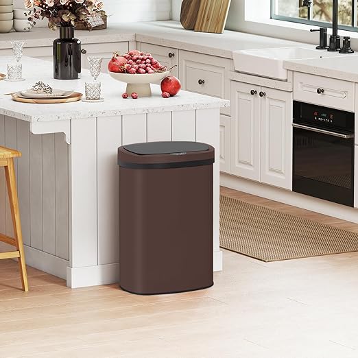PayLessHere | 13 Gallon Stainless Steel Trash Can | Brown | Automatic Touchless Lid with Motion Sensor | Kitchen Garbage Can with Waterproof Design | for Home, Office, Bathroom | Pack of 1