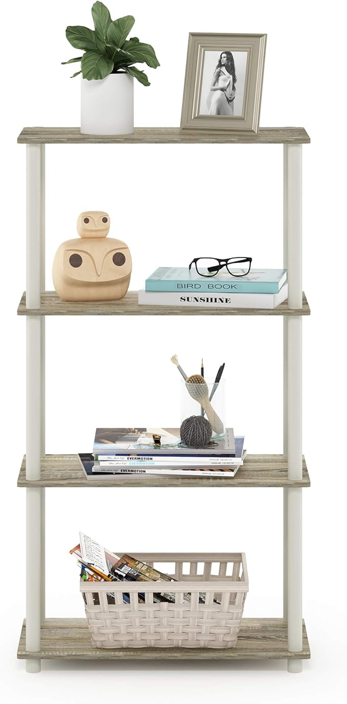 Furinno Turn-N-Tube 4-Tier Multipurpose Shelf Display Rack, Round Tubes, Sonoma Oak/White