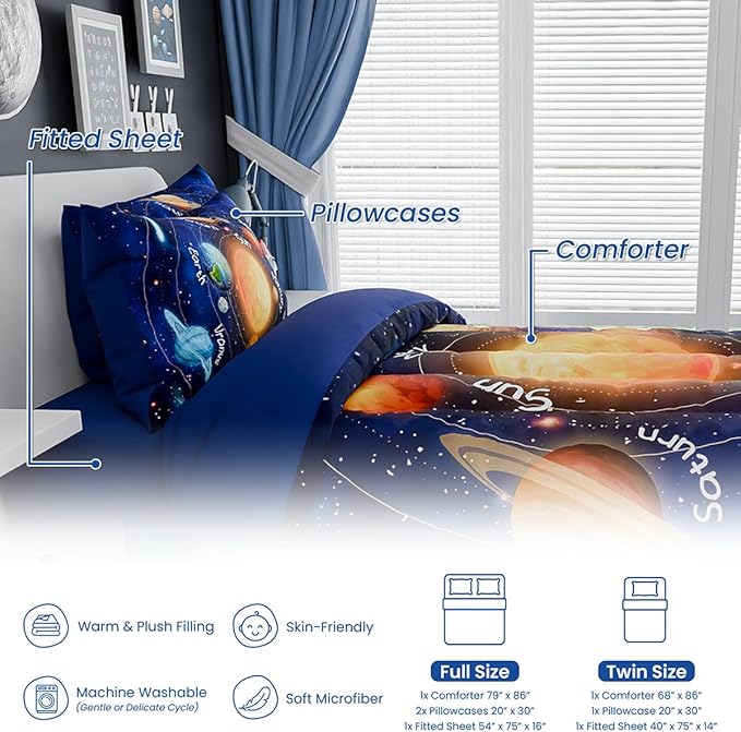 SANDJEST Solar System Comforter Set Full, Ultra Soft Microfiber Bedding Sets with 4-Pieces, Comforters Bed Sets for Kids Children Boy Bedroom Decor