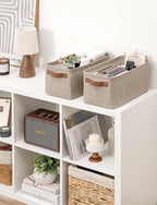 StorageWorks Narrow Storage Bins, Small Basket for Closet and Shelves, Rectangular Fabric Organizer with Handles, Toilet Paper Storage, Brown and Beige, 2-Pack