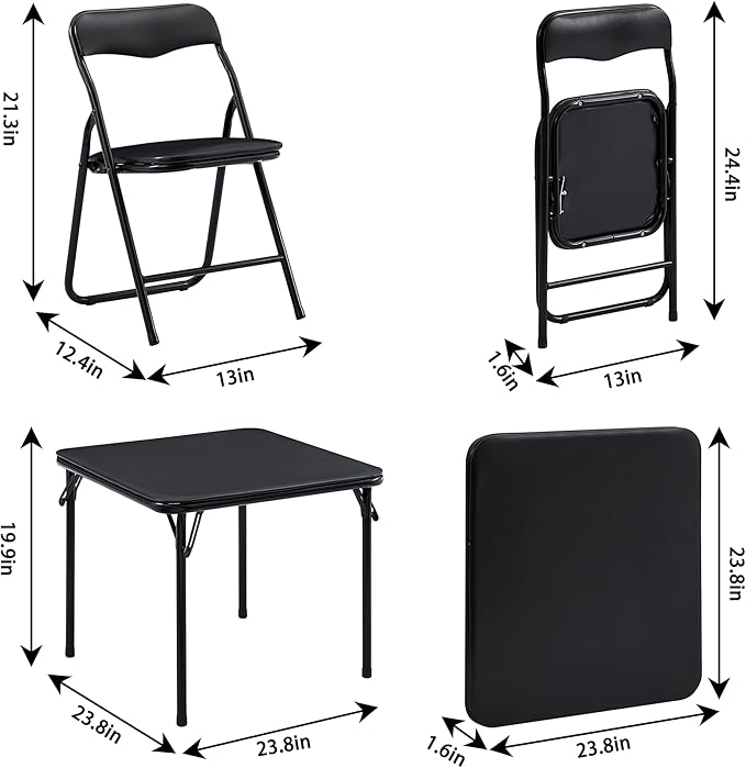 VECELO Kids Folding Activity Table and Chairs 5 Piece Set, Portable, with Ultra Soft Padded Cushion, Classic Black