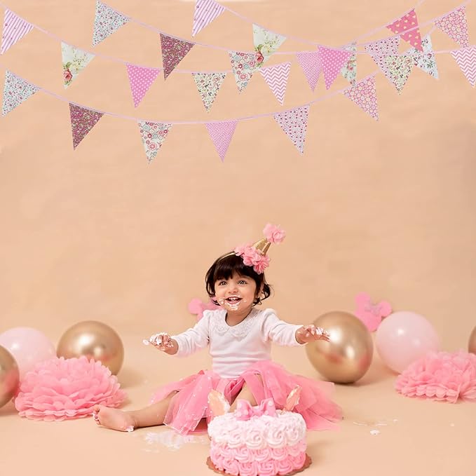 Zwiebeco 39Ft Pink Floral Fabric Bunting Banner Triangle Flag Party Decorations Hanging Cotton Rustic Vintage Flowers Garland Pennants for Wedding Birthday Tea Nursery Home Outdoor Garden Accessories