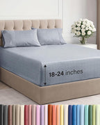 Extra Deep Pocket Queen Sheet Set - 4 Piece Breathable & Cooling Bed Sheets - Hotel Luxury Sheet Set - Ultra Soft, Wrinkle Free & Comfy - Fits Extra Deep Mattresses - Deep Pocket Heathered Blue Sheets