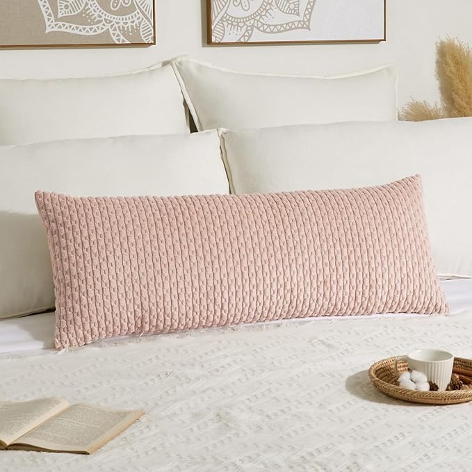 Kevin Textile 14x36 Inch Long Lumbar 1 Pack Boho Decorative Throw Pillow Cover Soft Striped Corduroy Rectangle Cushion Case Farmhouse Accent for Living Room Couch Sofa Bed, Light Pink