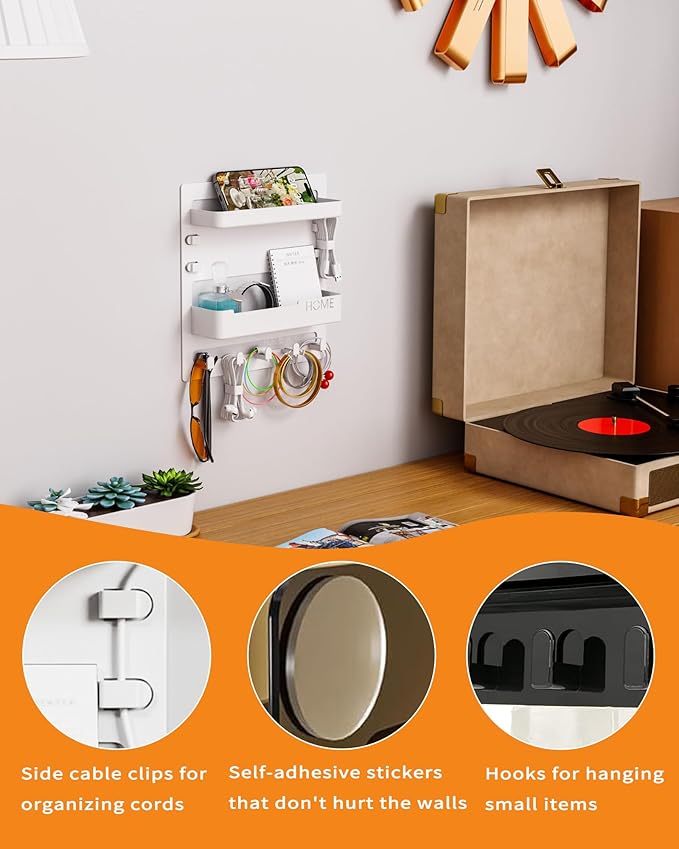 JWShang Bedside Wall Shelf - Adhesive Nightstand Organizer with Hooks and Cable Clips for Earphone Key Remote, Wall Mounted Storage for Bedroom, Dorm, RV, Rental (White)