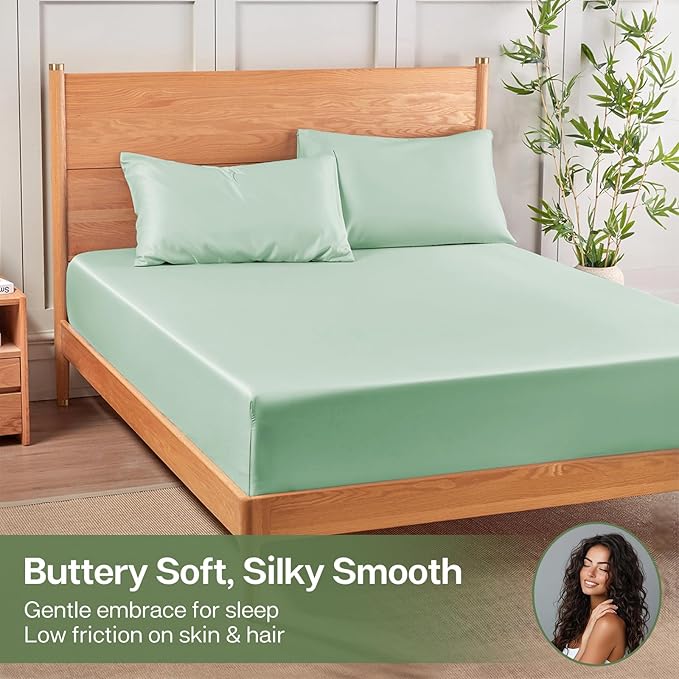 MR&HM Twin Fitted Sheet Only, Ultra-Soft Rayon Derived from Bamboo & Polyester Blend, Silky & Breathable, 15" Deep Pocket with Elastic Straps, Cooling Fitted Sheet for Hot Sleepers, Sage Green
