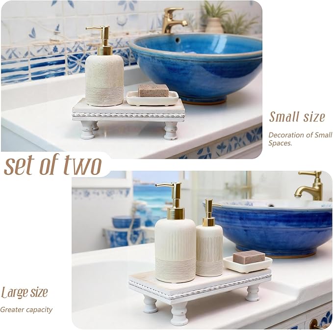 Wood Tray Pedestal Stand, Waterproof Bathroom Counter Organizer, Modern Farmhouse Riser for Soap/Candle/Sponge White Set （Middle+ Small