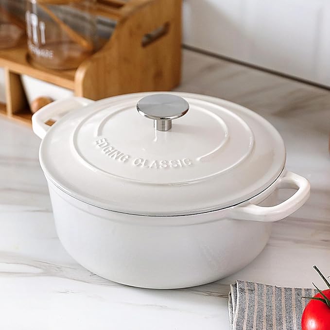 EDGING CASTING Cast Iron Dutch Oven With Lid Round Pot Enameled Covered for Bread Baking, 7 Quart, White