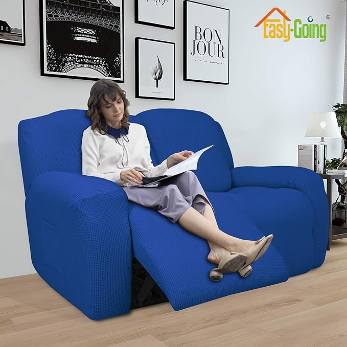 Easy-Going 6 Pieces Recliner Loveseat Stretch Sofa Slipcover Sofa Cover Furniture Protector Couch Soft with Elastic Bottom Kids, Spandex Jacquard Fabric Small Checks Classic Blue