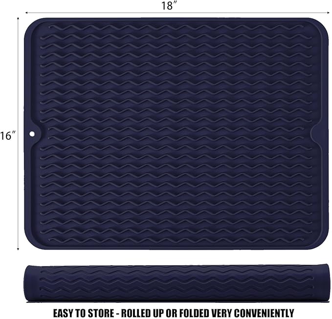 Silicone Dish Drying Mat for Multiple Usage, Easy clean, Eco-friendly, Heat-resistant Dish Drainer Mat for Kitchen Counter,Sink,Refrigerator or Drawer liner (18" x 16", Dark Blue)