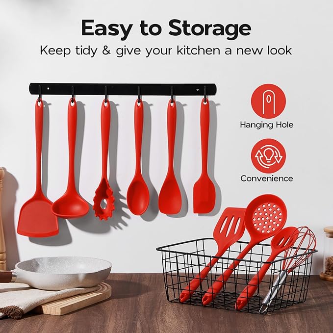 Onader 10 Pieces Cooking Utensils Set, Red Silicone Kitchen Utensils Set for Cooking, Non Toxic & Heat Resistant