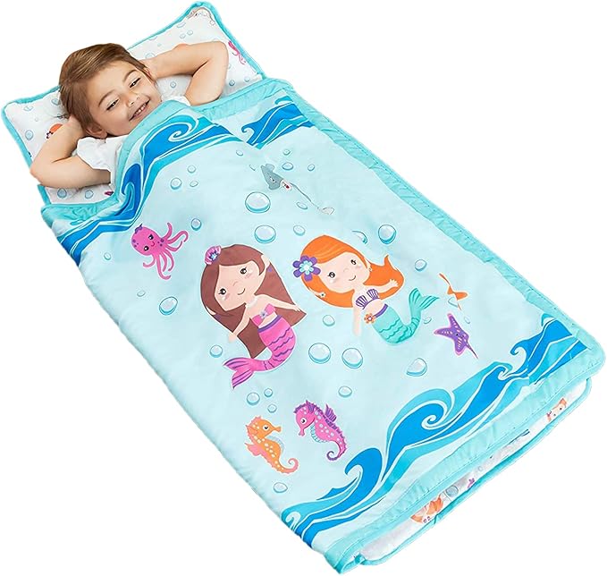 EVERYDAY KIDS Toddler Nap Mat with Removable Pillow -Underwater Mermaids- Carry Handle with Fastening Straps Closure, Rollup Design, Soft Microfiber for Preschool, Daycare Sleeping Bag, Ages 2-6 years