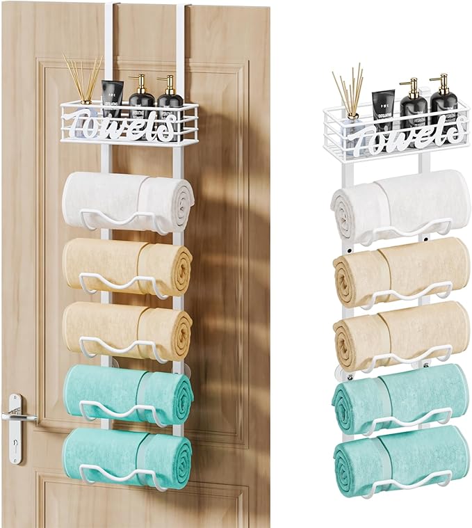 HapiRm Over The Door Towel Rack - 6 Tier Wall Mount Rolled Towel Holder Storage Organizer Shelf with Storage Basket for Small Bathroom, Rv, Camper - White
