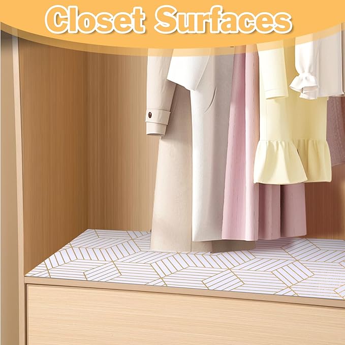 Shelf Liners for Kitchen Cabinets 11.8 x 236.2In Non Adhesive Shelf Liner Paper Non-Slip Thickened Drawer Liner Easy to Clean for Tool Box Refrigerator with Knife and Tape Measure, Gold Geometric