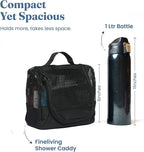 The Fine Living Co. Portable Hanging Shower Caddy Organizer Bag (Free Toiletries Case+Metal Hook) Quick Dry Mesh Shower Caddy Tote Bag Pouch For Bathroom College Dorm Camp Gym Camping 10”x4”x8”(Black)