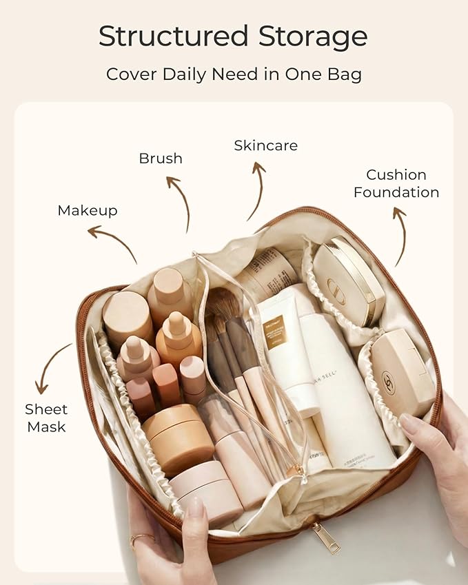 BAGSMART Makeup Bag Travel Cosmetic Bag, Large Make Up Bag Flat Open Toiletry Bag for Women, PU Leather Travel Essentials Organizer Case, Wide-open Pouch Purse for Skincare, Brushes, Deep Navy