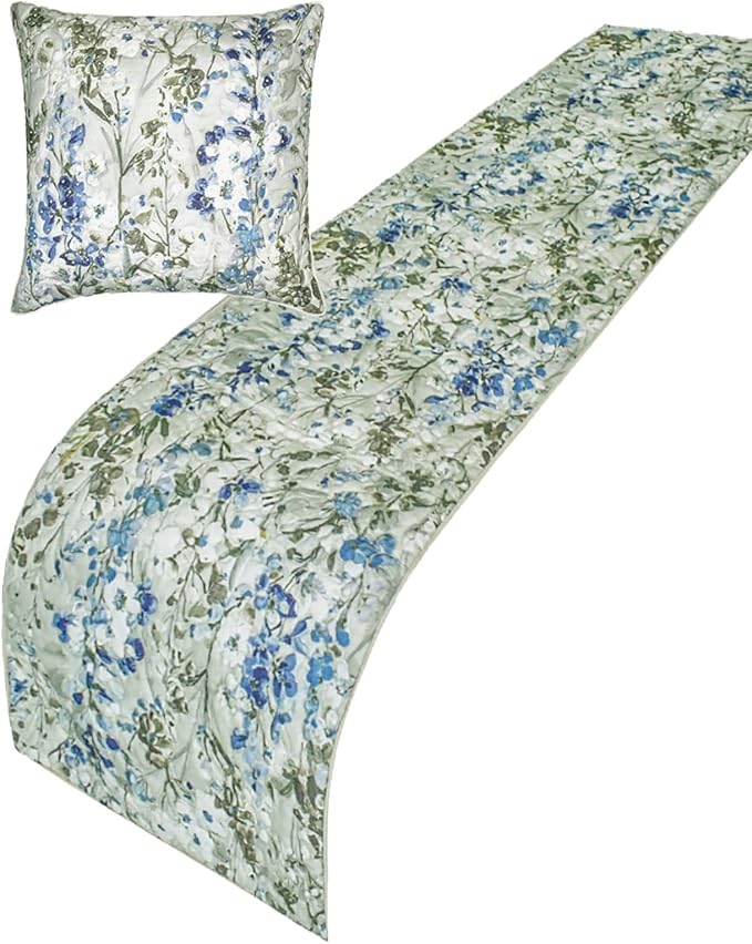 The HomeCentric King/Queen/Twin Blue Decorative Bed Runner King 90"x18" Bed Runner Without Pillow Cover, Quilted Bed Scarf on Cotton Fabric - Garden Grace