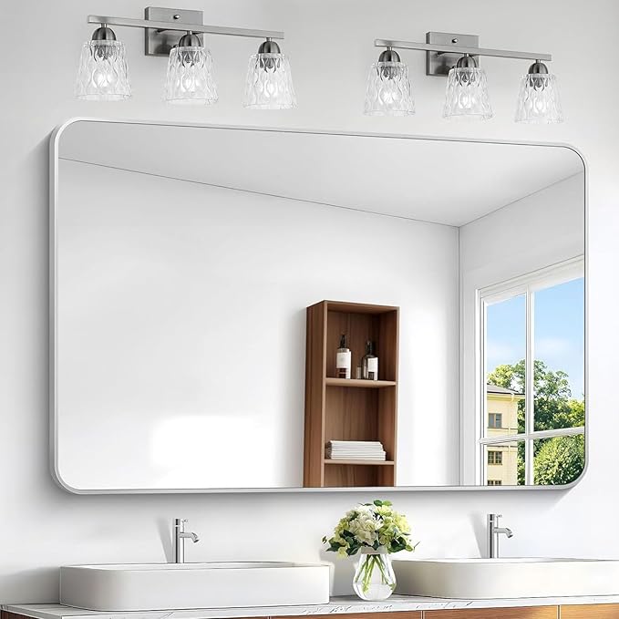 BONEWEI Silver Bathroom Mirror,55x36 inch Wall Mirror for Bathroom Wall Mounted,Rectangle Mirror for Bathroom Over Sink,Modern Frame Round Corner for Living Room,Bedroom Entryway,Horizontal/Vertical