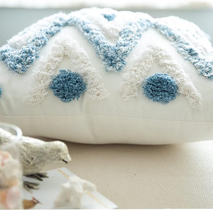 Set of 2 Cotton Woven Boho Throw Pillow Covers, Tufted Decorative Square Pillowcases Covers with Tassels for Couch Sofa Bed, Living Room Sofa, Farmhouse, 18x18 Inch Blue(2 pcs)
