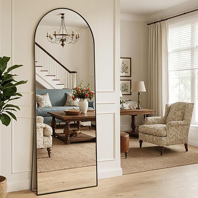 MISSDAY Arched Full Length Mirror, 64"x21" Full Body Mirror with Stand, Floor Mirror Long Free Standing, Leaning or Hanging, Aluminum Thin Frame Wall-Mounted Mirrors Wall Mirrors for Bedroom, Black