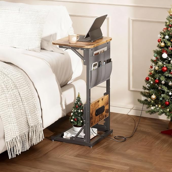 HLDIRECT C Shaped End Table with Charging Station, Couch Side Table with Storage Bag, Foldable TV Tray with 2 USB Ports and Outlets for Living Room, Bedroom, Rustic Brown