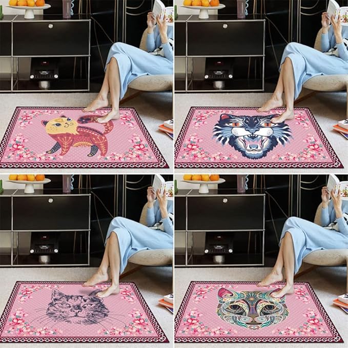 Cartoon Animal Pattern Area Rug Cute Cat Luxury Floral Decor for Carpet Farmhouse Bedroom Living Room Rugs Bathroom Kitchen Runner Mat Indoor Outdoor Non Slip Doormat 2' X 6'