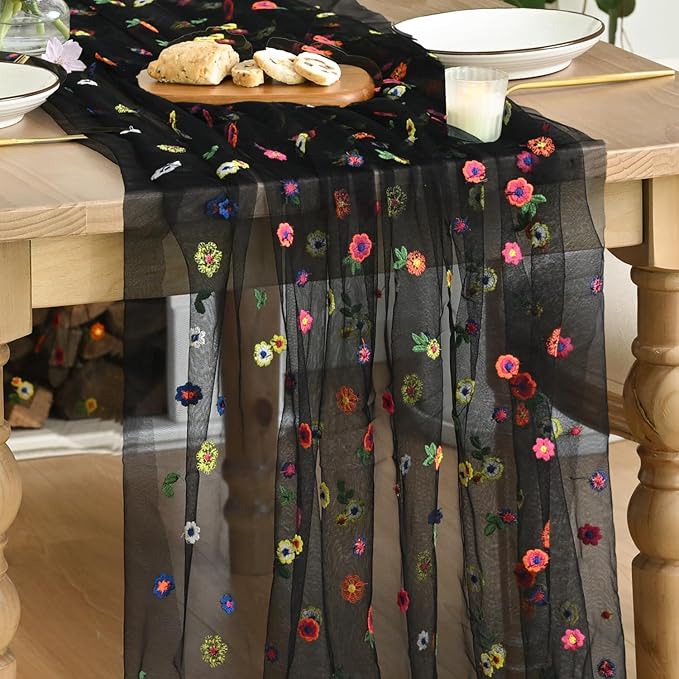 Artoid Mode Black Embroidery Daisy Gauze Table Runner 120 Inch 10FT, Seasonal Sheer Kitchen Dining Holiday Wedding Birthday Table Decor for Home Party