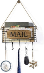 SRIWATANA Mail Organizer Wall Mount, Rustic Mail Holder Key Holder for Wall with Hooks, Small Size, Carbonized Black