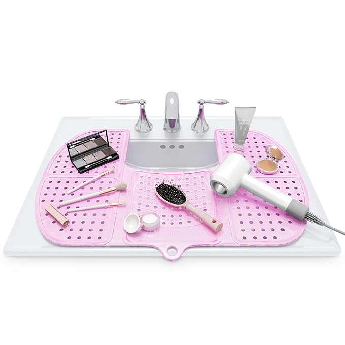 Sink Topper Bathroom Counter Cover & Storage Saver, Foldable Silicone Mat for Hot Tools, Hair Styling & Makeup, Beauty Brush Cleaning Mat, RV Camper Sink Cover & for Small Spaces (Large Pink)