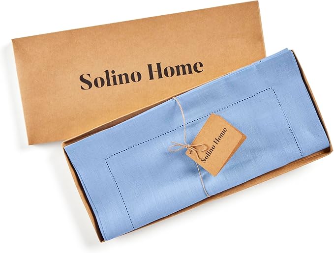 Solino Home Linen Cornflower Blue Hemstitch Table Runner 36 Inches - 100% Pure Linen Table Runner 14 x 36 Inch Ideal for Dresser and Coffee Tables - Classic Hemstitch - Christmas, Holiday, New Year