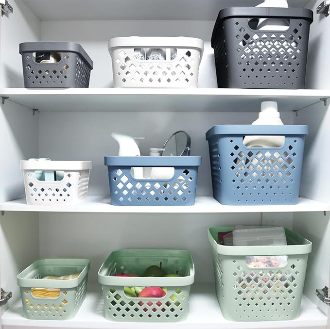 Glad Plastic Baskets for Organizing, Set of 6 | Pantry Storage for Under Counter, Linen Closet, and Bathroom | Nesting Shelf Bins with Handles, 1 Gallon, Grey