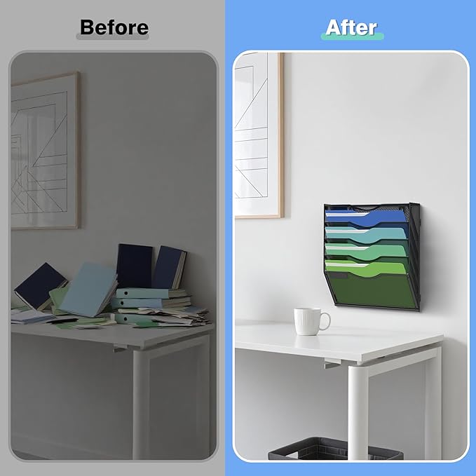 Kuntine.B Wall File Organizer Office Hanging Magazine Holder Wall File Organizer for Office Home (Black, 5 Tier & Hangers)