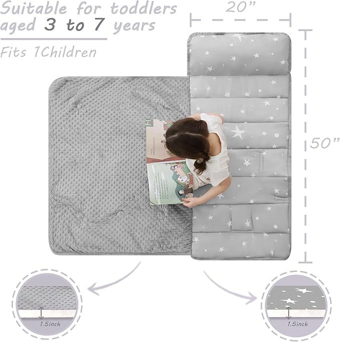 Toddler Nap Mat with Pillow and Blanket, Extra Large Rolled Napping Mats,Slumber Bags for Boys Girls,Kids Sleeping Bag for Daycare, Preschool Travel Camping