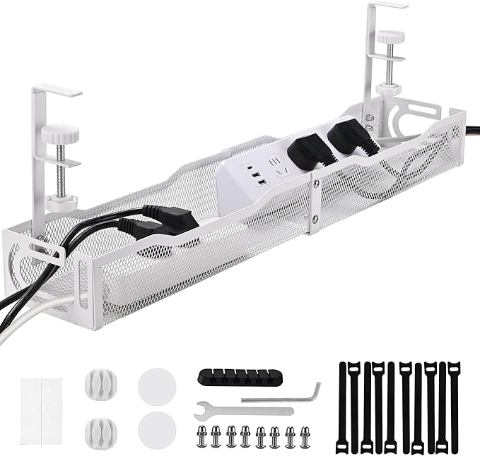 Under Desk Cable Management Box 25.3 Inch – Clamp-Mounted Cable Organizer Tray, Large Cord Management Box for Office & Home, Wire Organizer Under Desk Storage, White