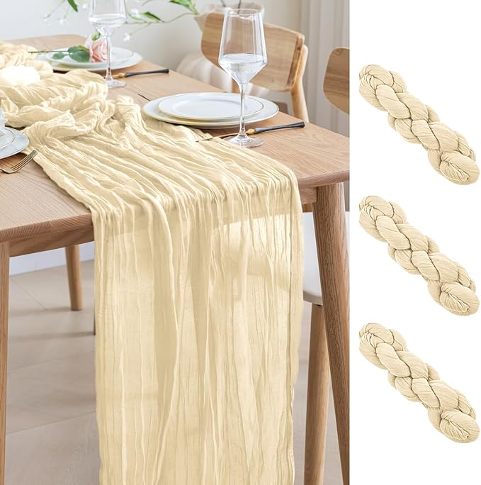 Asee'm 3pcs Cheesecloth Table Runner 120 Inches Long Beige Boho Gauze Cheese Cloth Runner 10FT Rustic Sheer Table Runners for Christmas Wedding Party Baby Shower Spring Easter Decoration