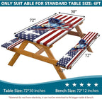 American Flag Picnic Table Cover with Bench Covers, USA Flag Art Eagle Camping Essentials Waterproof Table Cloth Fitted for Table Rectangle and Seats,Outdoor Table Covers with Elastic Windproof Edges